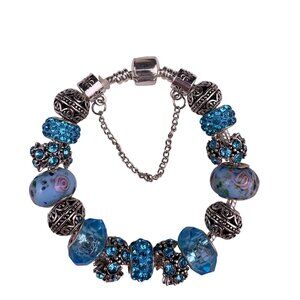 Sterling Silver Womens Blue Glass & Crystal Beaded Bracelet With Safety Chain